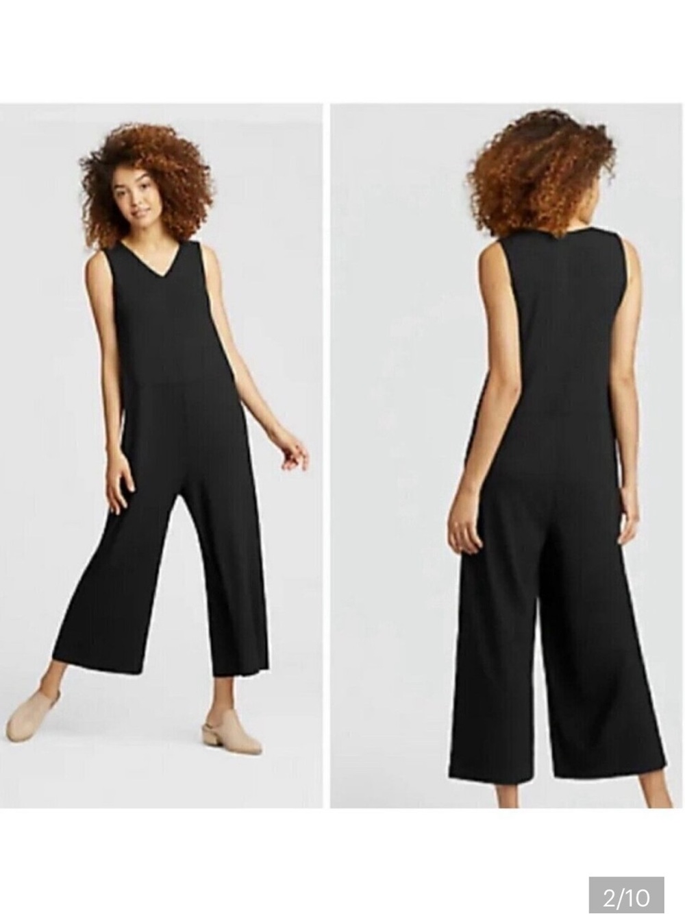 Eileen Fisher Black Jersey Stretch Soft V Neck Wide Leg Sleeveless Jumpsuit